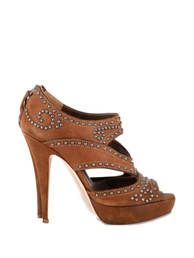 Pre-owned Miu Miu Studded Peep-toe Platform Pumps In Brown
