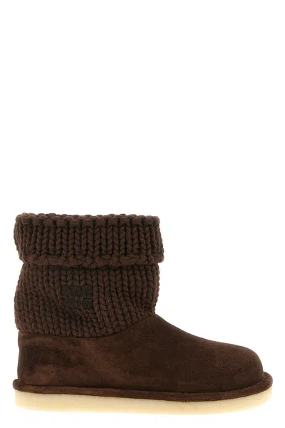 Miu Miu Suede And Knit Ankle Boots In Brown
