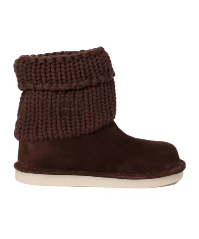 Miu Miu Suede And Knit Ankle Boots In Dark Brown