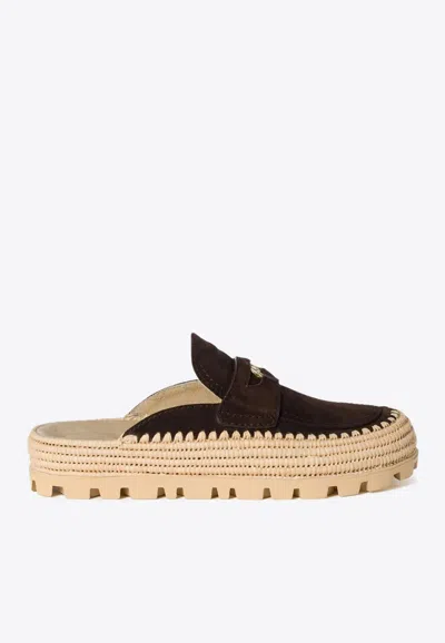 MIU MIU SUEDE AND RAFFIA FLAT MULES
