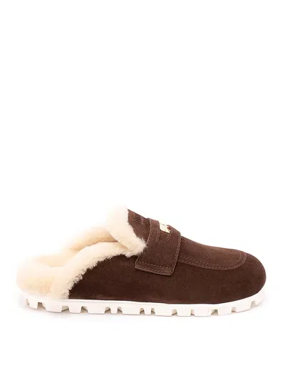 Miu Miu Suede And Shearling Mules In Brown