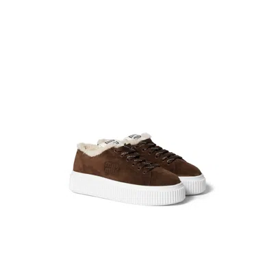 Miu Miu Suede And Shearling Sneakers In Brown