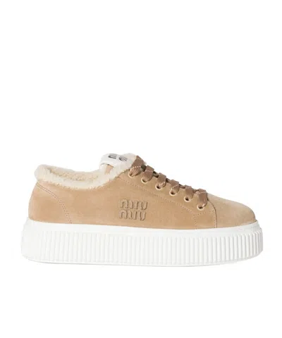 Miu Miu Suede And Shearling Sneakers In Neutral