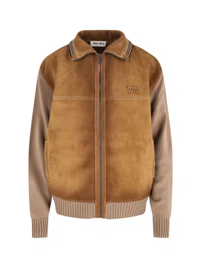 Miu Miu Suede And Virgin Wool Bomber Jacket In Brown
