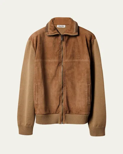 Miu Miu Suede & Wool Knit Jacket In Brown