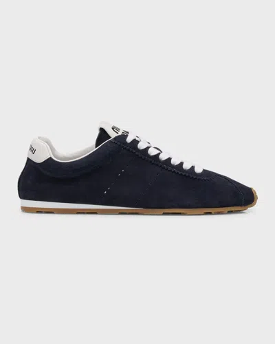 Miu Miu Suede Bicolor Retro Trainer Sneakers In Dark Blue