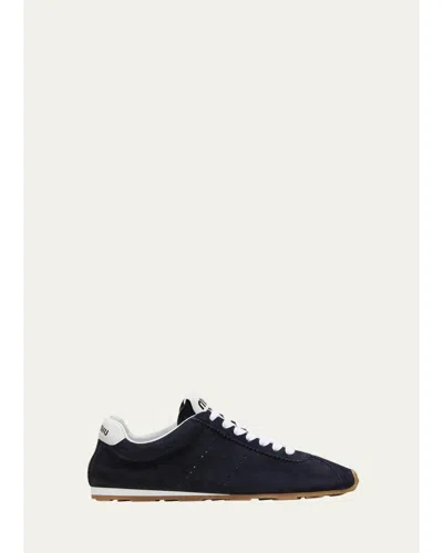 Miu Miu Suede Bicolor Retro Trainer Sneakers In Dark Blue