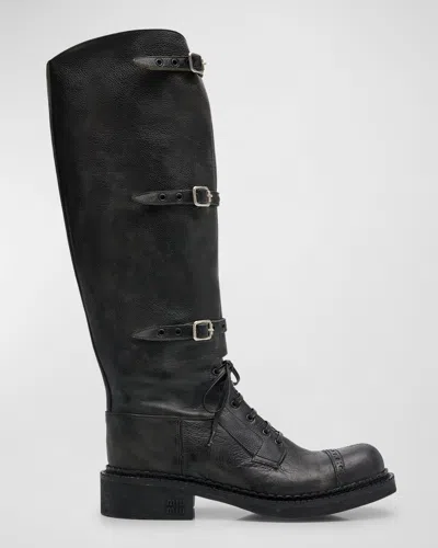 MIU MIU ANTIC BUCKLE DISTRESSED LEATHER KNEE-HIGH BOOTS