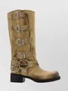 Miu Miu Suede Block Heel Mid-calf Boots With Buckle Straps In Brown