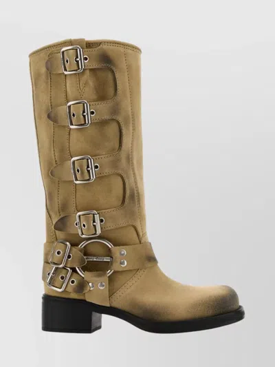 Miu Miu Suede Block Heel Mid-calf Boots With Buckle Straps In Brown