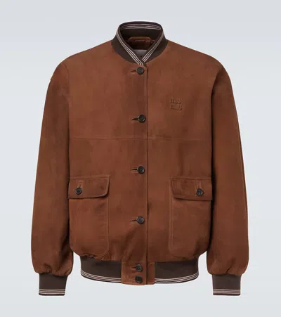 Miu Miu Suede Bomber Jacket In Brown