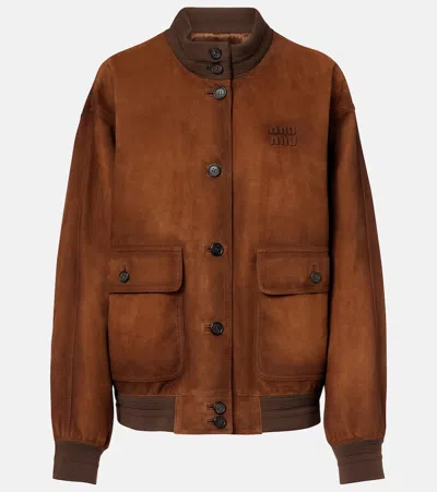 Miu Miu Suede Bomber Jacket In Brown