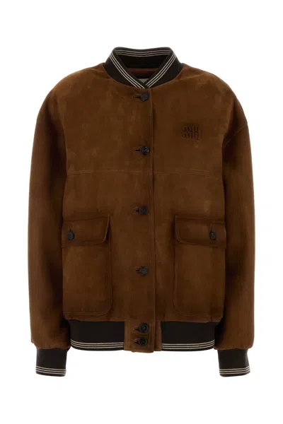 Miu Miu Suede Bomber Jacket With Lamb Suede Exterior And Viscose Lining In Brown