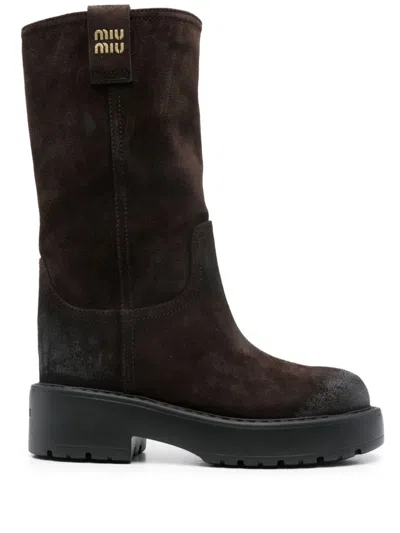 Miu Miu Suede Tall Moto Boots In Brown