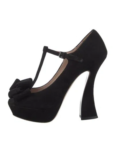 Pre-owned Miu Miu Suede Bow Accents T-strap Pumps In Black