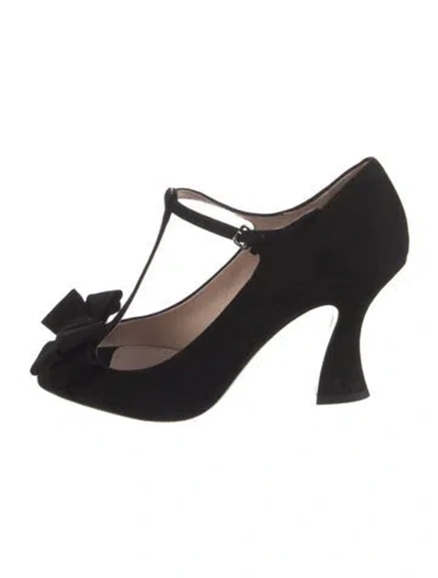Pre-owned Miu Miu Suede Bow Accents T-strap Pumps In Black