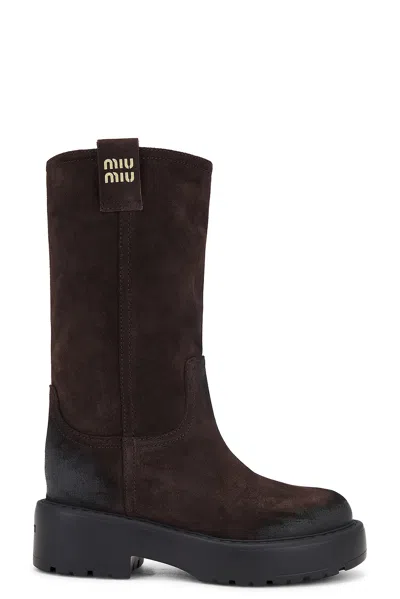 Miu Miu Logo Lettering Mid-calf Suede Boots In Brown