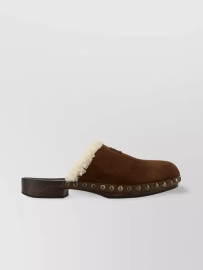 MIU MIU SUEDE CLOGS WITH STUDDED TRIM AND WOODEN SOLE