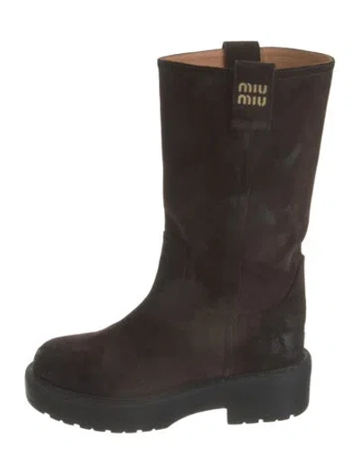Pre-owned Miu Miu Suede Colorblock Pattern Moto Boots In Brown