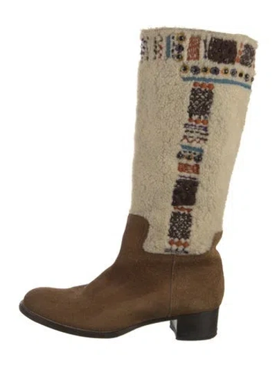 Pre-owned Miu Miu Suede Colorblock Pattern Riding Boots In Brown