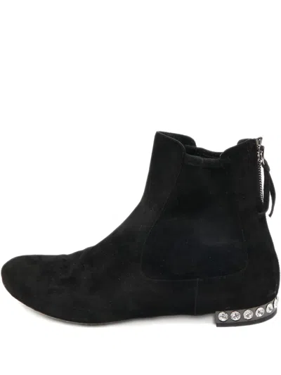 Pre-owned Miu Miu Suede Crystal-embellished Boots In Black