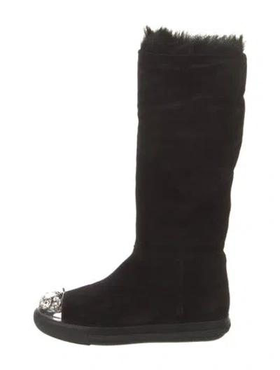 Pre-owned Miu Miu Suede Crystal Embellishments Boots In Black