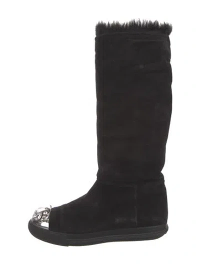 Pre-owned Miu Miu Suede Crystal Embellishments Boots In Black