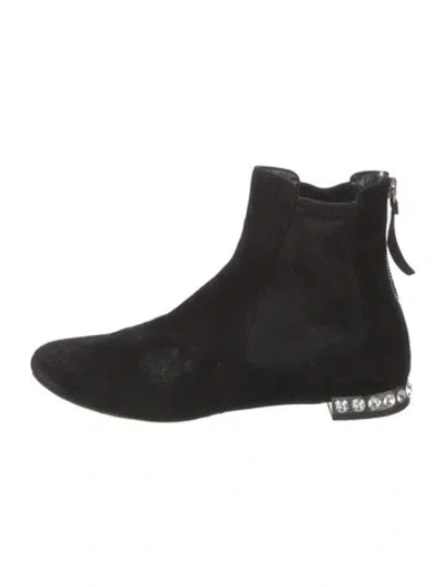 Pre-owned Miu Miu Suede Crystal Embellishments Chelsea Boots In Black