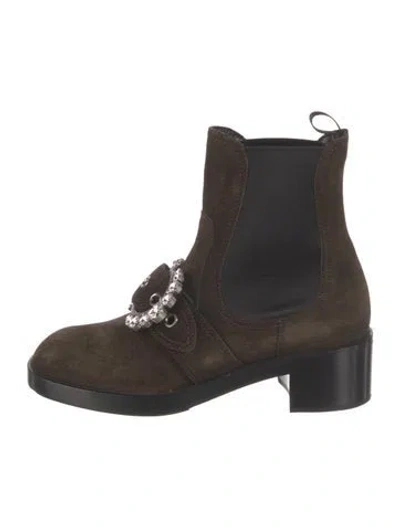 Pre-owned Miu Miu Suede Crystal Embellishments Chelsea Boots In Brown