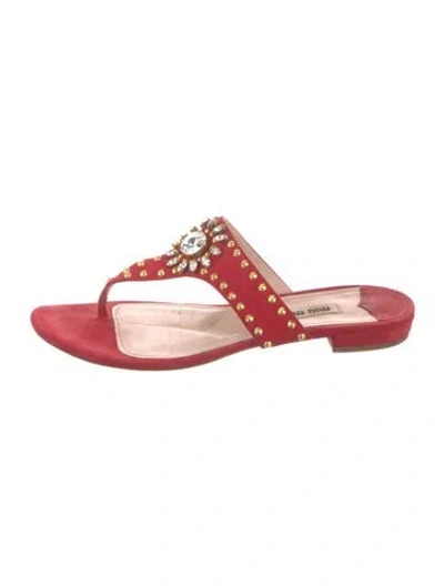 Pre-owned Miu Miu Suede Crystal Embellishments Flats In Red