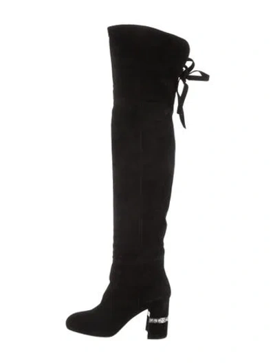 Pre-owned Miu Miu Suede Crystal Embellishments Lace-up Boots In Black