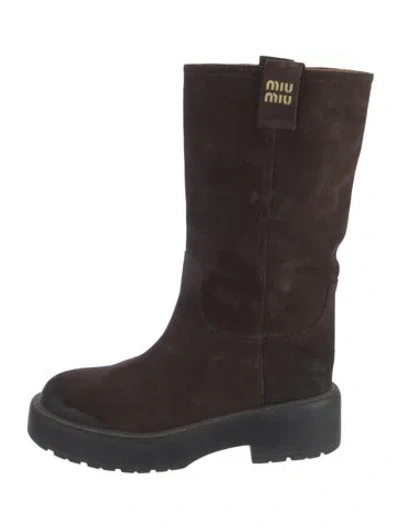 Pre-owned Miu Miu Suede Crystal Embellishments Moto Boots In Brown