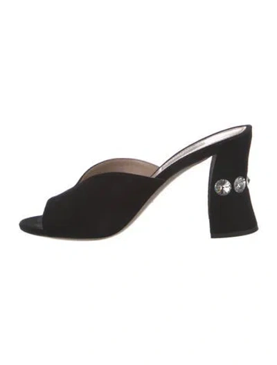 Pre-owned Miu Miu Suede Crystal Embellishments Mules In Black