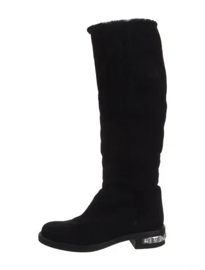 Pre-owned Miu Miu Suede Crystal Embellishments Riding Boots In Black