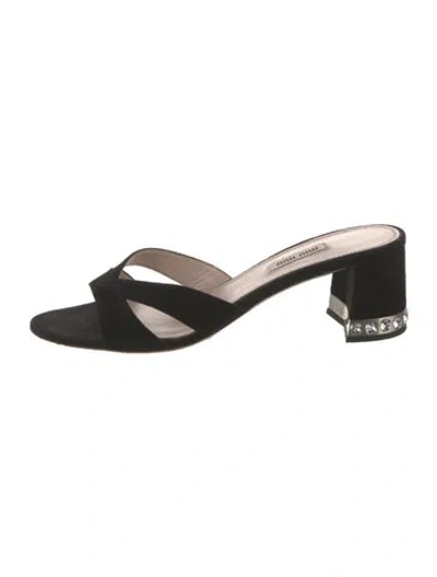 Pre-owned Miu Miu Suede Crystal Embellishments Slides In Black