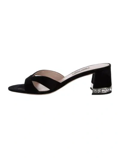 Pre-owned Miu Miu Suede Crystal Embellishments Slides In Black