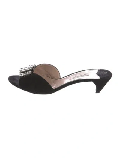 Pre-owned Miu Miu Suede Crystal Embellishments Slides In Black