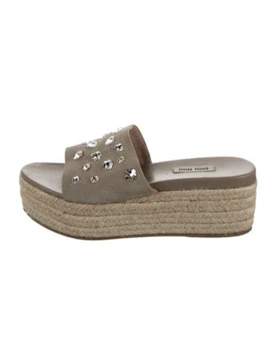 Pre-owned Miu Miu Suede Crystal Embellishments Slides In Neutrals