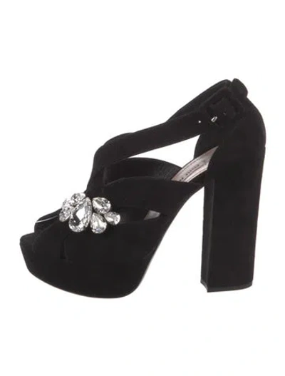 Pre-owned Miu Miu Suede Crystal Embellishments Slingback Pumps In Black