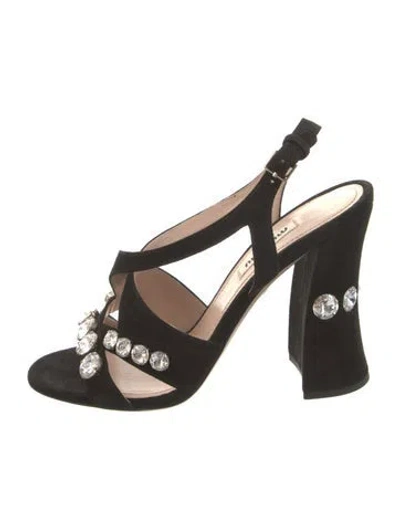 Pre-owned Miu Miu Suede Crystal Embellishments Slingback Sandals In Black