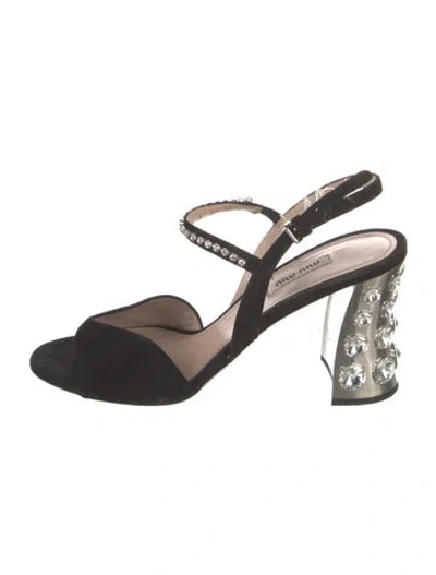 Pre-owned Miu Miu Suede Crystal Embellishments Slingback Sandals In Black