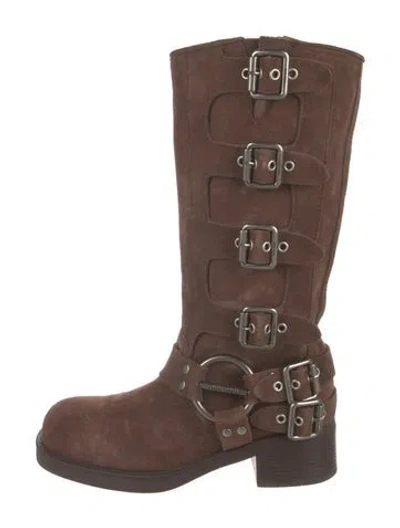 Pre-owned Miu Miu Suede Cutout Accent Moto Boots In Brown