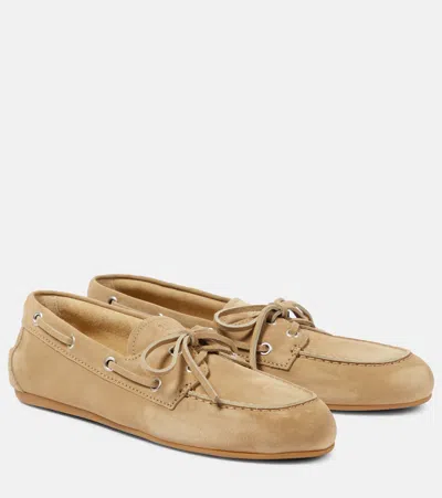 Miu Miu Suede Lace-up Moccasins In Ecru