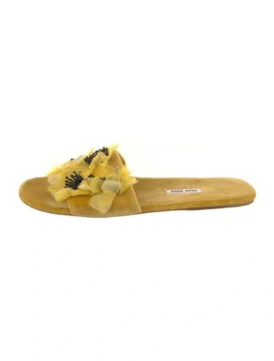 Pre-owned Miu Miu Suede Floral Print Slides In Yellow