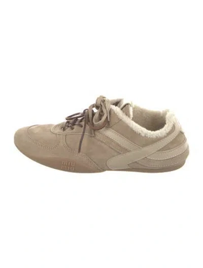 Pre-owned Miu Miu Suede Fur Trim Sneakers In Neutral