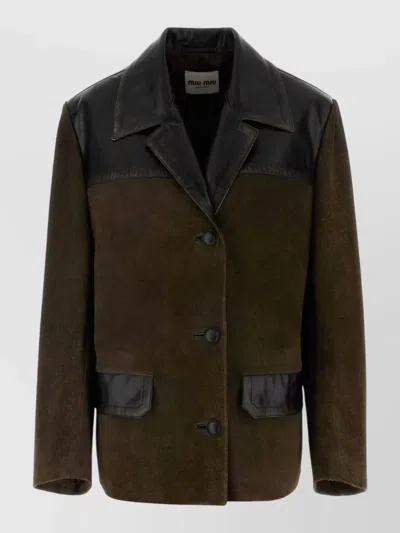Miu Miu Suede Jacket Notch Lapel Long Sleeves In Brown