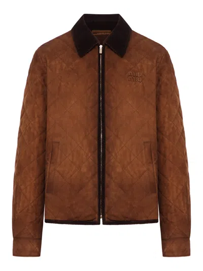 Miu Miu Quilted-design Corduroy-collar Jacket In Brown