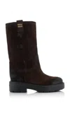 Miu Miu Logo Lettering Mid-calf Suede Boots In Brown