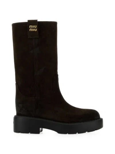 Miu Miu Suede Leather Boots With Logo In Brown