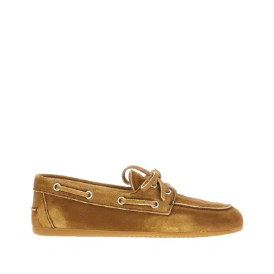 Miu Miu Suede Leather Deck Shoes In Brown